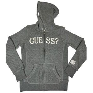 Guess Sherpa Lined Hoodie Womens Small Gray Full Zip Logo Jacket Warm Cozy